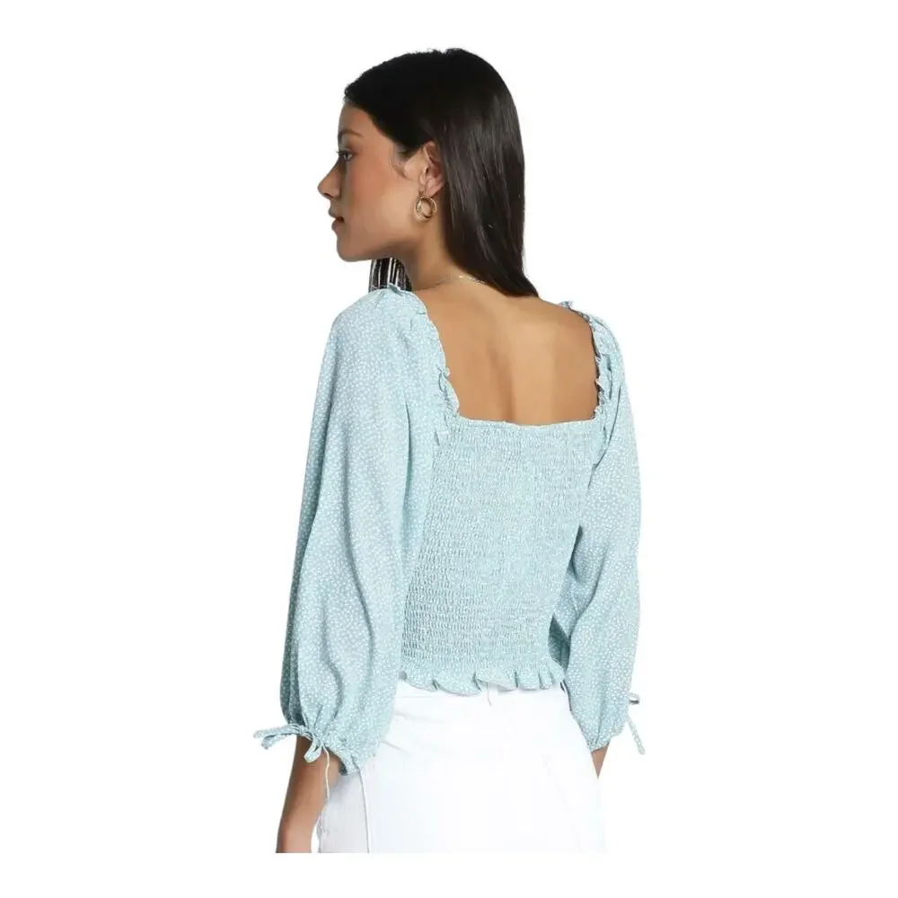 Harper & Me Cropped‎ Top Square Neck 3/4 Sleeve Blue Smocked Women's Size 12